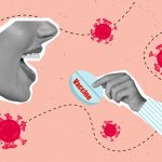 Creative trend collage of doctor hand give vaccine pill patient woman mouth face immunization coronavirus prevention pandemic epidemic