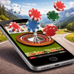 Roulette und Jetons kommen aus Handy mit straße als hintergrund