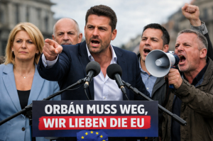 Eine Gruppe von Zufallsfiguren gegen Orbán