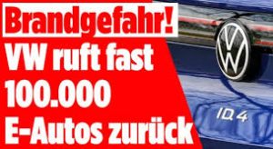 Brandgefahr – 90.000 E-Autos von VW und Cupra im Rückruf