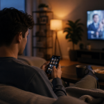 Wie Menschen zwischen Dauerreiz und Gewohnheit neue Routinen entwickeln Mann mit Fernbedienung und TV im Hintergrund